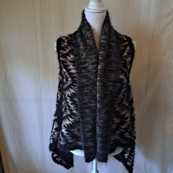 Women's Black Print Eyelash Open Front Shawl Collar Sweater Vest Size Large - Picture 1 of 8